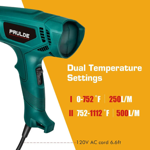 Dual Temp Heat Gun Kit With 752F To 1112F Hot Air Beast For Crafts 4 Nozzles Shrink Wrap Tubing Paint Removal Lightweight Safe With Stand And Overheat Protection, showing temperature settings and fan speed on a teal heat gun.