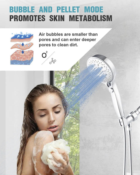 High Pressure Handheld Shower Head With 12 Functions And 96 Inch Hose For Quick Pet Bathing Pup Bath Detachable Water Saver Wand With Switch Button. Woman using shower head with soap.