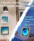 Coastal Sea Resin Art Kit For Teens And Adults With UV Light All-Inclusive Beginner Friendly DIY Beach Craft Gift Set For Coastal Decor Glowing Ocean Scene Frames Pigments And Tools Included displayed as completed frames on wall and table with vibrant ocean designs