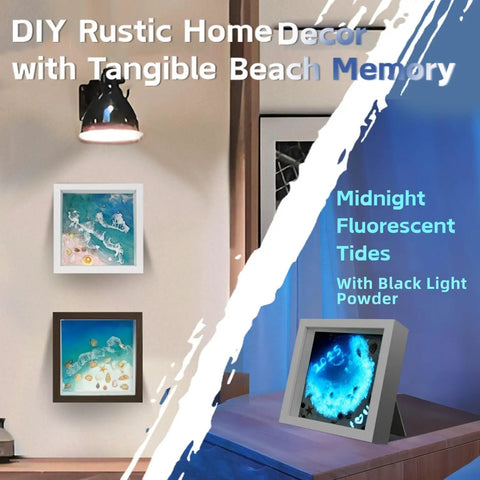 Coastal Sea Resin Art Kit For Teens And Adults With UV Light All-Inclusive Beginner Friendly DIY Beach Craft Gift Set For Coastal Decor Glowing Ocean Scene Frames Pigments And Tools Included displayed as completed frames on wall and table with vibrant ocean designs
