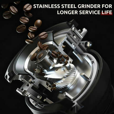 Get That Fresh Barista Hit Without The Hustle Using This Automatic Espresso Coffee Machine Loaded With A Built In Grinder And Auto Milk Frother For Slick Bean To Cup Brewing And Smooth Flavor Daily: close-up of stainless steel grinder with coffee beans.