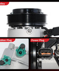 Heavy Duty AC Compressor With Clutch For Hyundai Elantra 2017 To 2020 showing pulley, rubber plug, and power plug details.