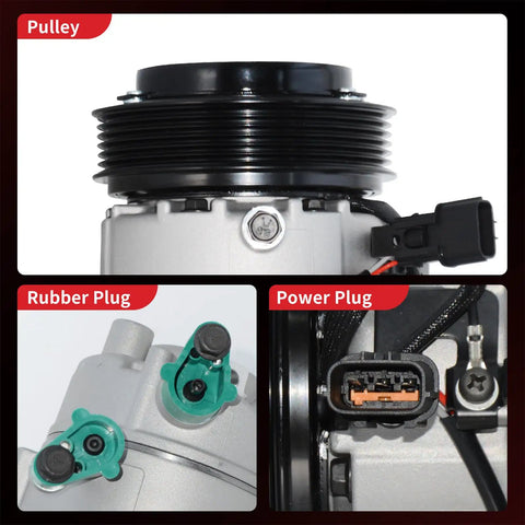 Heavy Duty AC Compressor With Clutch For Hyundai Elantra 2017 To 2020 showing pulley, rubber plug, and power plug details.