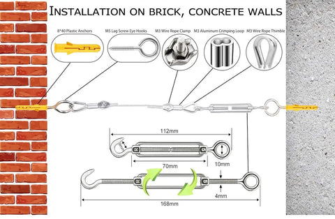 Installation guide for Stainless Steel One Eighth Inch Cable And Turnbuckle Kit For String Lights And Outdoor Projects, detailing components and measurements against brick and concrete walls.