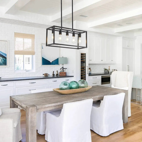 5-Light Black Farmhouse Kitchen Chandelier over rustic dining table, rectangular linear pendant light fixture for kitchen island