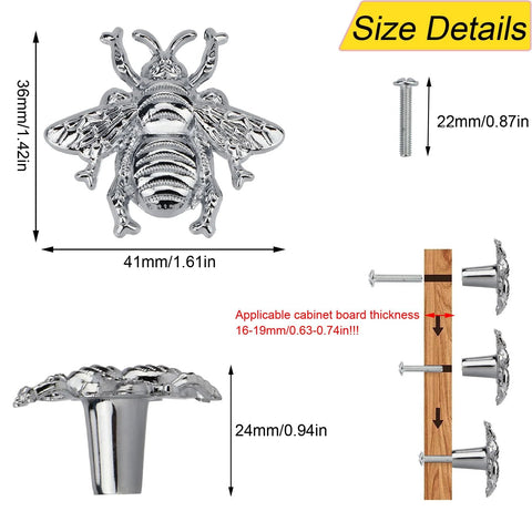 Bee Shape Brass Drawer Knobs Set Of 4 With Gold Finish, size details and installation guide, including measurements and screws.