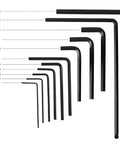 Hex wrenches from 65 Piece Guitar Repair Kit For Pro Level Setup And Maintenance With Fret Leveling Beam Fret Crowning File Fret Rocker Feeler Gauges Action Ruler Radius Gauges 13 In 1 Files String Winder Cutter Spreader Spanner Wrench Cleaning Tools, shown in various sizes.