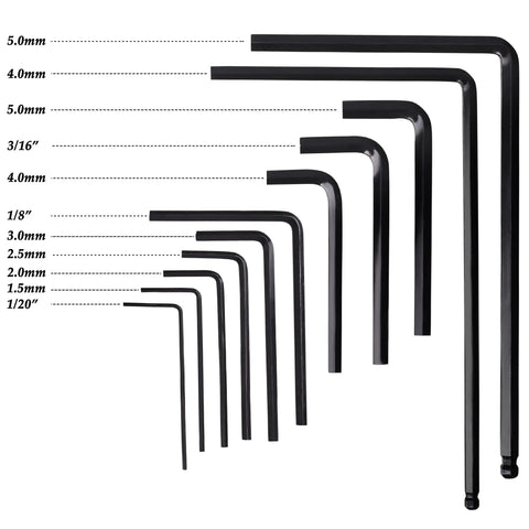 Hex wrenches from 65 Piece Guitar Repair Kit For Pro Level Setup And Maintenance With Fret Leveling Beam Fret Crowning File Fret Rocker Feeler Gauges Action Ruler Radius Gauges 13 In 1 Files String Winder Cutter Spreader Spanner Wrench Cleaning Tools, shown in various sizes.