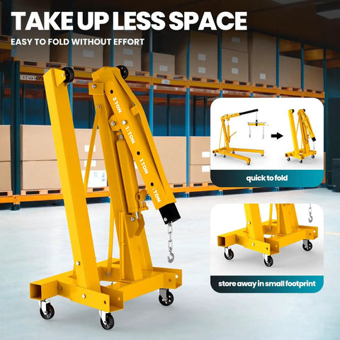 No Nonsense Heavy Duty Folding Engine Hoist Cherry Picker with adjustable boom, easy to fold, and compact design for storage.