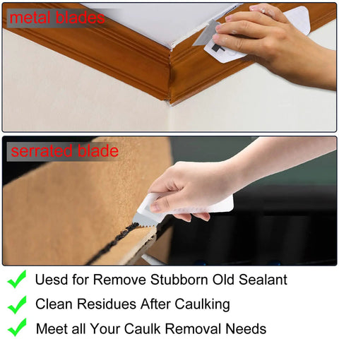 Hands using Caulking Tool Kit With Stainless Steel Scrapers And Multi Sized Caulking Silicone for corner and edge cleaning.
