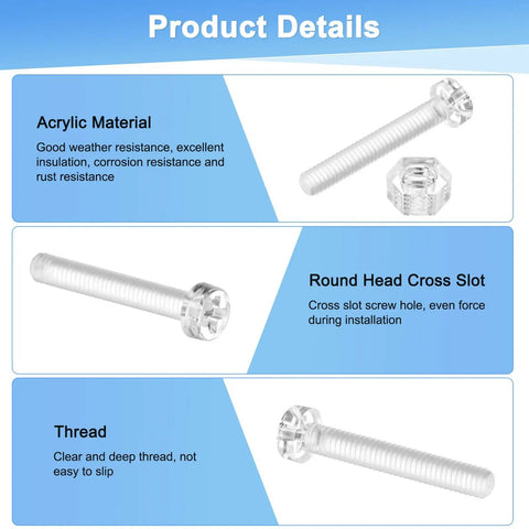 Product details of Clear Transparent Screws And Hex Nuts Kit, 30-Piece M4x25mm Acrylic Plastic Cross-Recessed Round Head Screws with features.