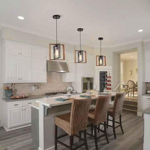 Dope Matte Black And Solid Wood Kitchen Island Pendant Light For Farmhouse Style Dining Room Hallway And Foyer with cozy glow
