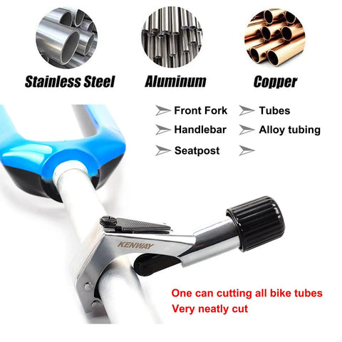 Bike Tube Cutter Kit For Fork Steerer, Seat Post And Handlebar Tubes in use on alloy tube with visible cutter and labels.
