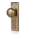 Two Pack Old School Vintage Antique Brass Dummy Door Knobs With Long Plate For Interior Use Non Turning Single Sided For Closets Pantries Or French Doors