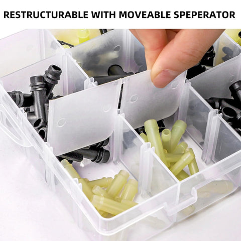 Front view of ZAVOOS 159-piece vacuum connector kit in a clear storage box; black and pale-yellow nylon hose fittings.