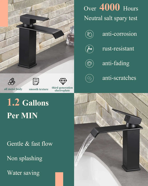 Matte Black Waterfall Bathroom Faucet For Single Hole Sinks With 304 Stainless Steel Construction, Metal Pop Up Drain