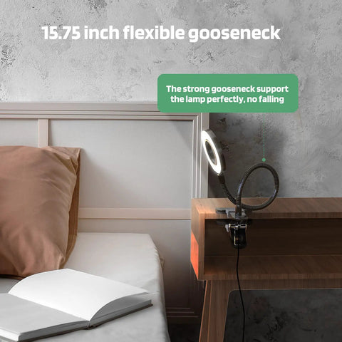 Clip On LED Reading Light With 36 LEDs, Eye Caring Desk Bed Headboard Lamp on a desk, 15.75 inch flexible 360 degree gooseneck