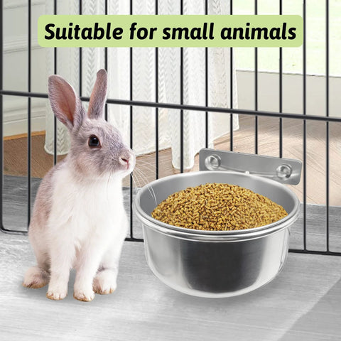 Front view of stainless steel bird cage bowl with clamp mounted on cage, filled with pellet food.