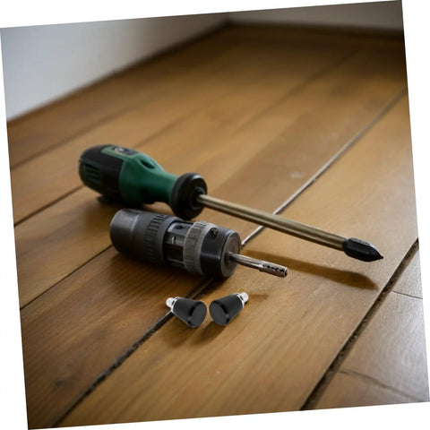 Get These 4Pc Industrial Spring Plunger Pins For Your Machine Shop alongside screwdrivers on wooden floor, showcasing their industrial design.