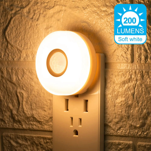 Motion Activated Plug In Night Light With Warm White LED 200 Lumen Ultra Bright Wall Nightlight Auto On Auto Off Sensor