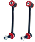 Pair of front sway bar links, black steel rods with red bushings and mounting bolts