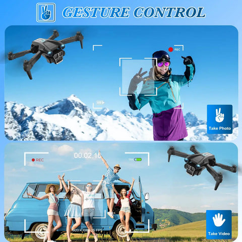 1080P HD Camera Mini Drone For Beginners And Adults capturing gesture photo in mountain and van background with friends.