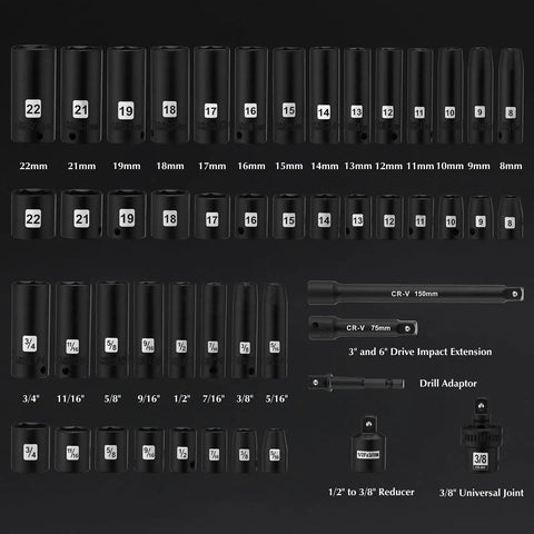 49-Piece Three-Eighths Inch Drive Impact Socket Set With Deep And Shallow 6-Point Sockets, SAE And Metric, CR-V Steel, Includes Extension Bars, Reducer, And Universal Joint Built Tough For Heavy Duty Auto And Garage Work
