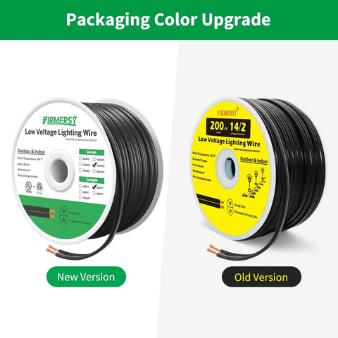 Comparison of old and new packaging for Low Voltage Landscape Wire 14/2, 200 feet, highlighting color differences.