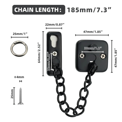 Premium Heavy Duty Door Chain Lock, Matte Black Security Gate Latch dimensions, 185mm chain, solid metal with screws included.
