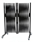 Beefy Pro Heavy Duty Expandable Steel Safety Gate With Smooth Glide Casters Mobile Scissor Safety Barrier For Construction Zone Lockdown And Zero Hassle Crowd Control Setup in black, mobile with casters and scissor design.