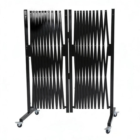 Beefy Pro Heavy Duty Expandable Steel Safety Gate With Smooth Glide Casters Mobile Scissor Safety Barrier For Construction Zone Lockdown And Zero Hassle Crowd Control Setup in black, mobile with casters and scissor design.
