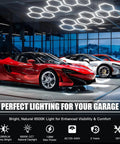 Hexagon LED Garage Lights 16 Pack 128W Ultra Bright 12800LM 6500K Ceiling Shop Light illuminating cars in a garage