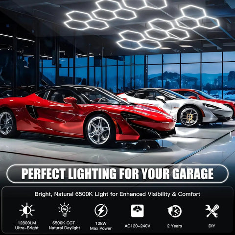 Hexagon LED Garage Lights 16 Pack 128W Ultra Bright 12800LM 6500K Ceiling Shop Light illuminating cars in a garage