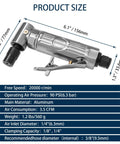 Side view of right-angle air die grinder with silver aluminum body; dimensions overlay