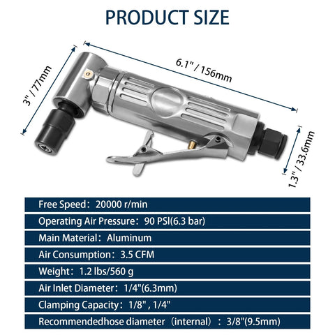 Side view of right-angle air die grinder with silver aluminum body; dimensions overlay