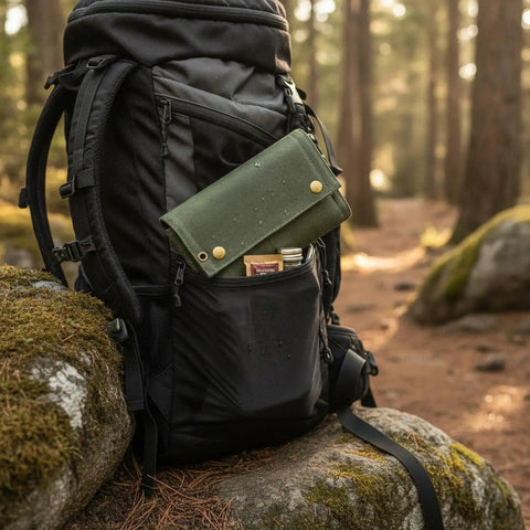 Waxed Canvas Spice Roll Organizer for Camping and Travel in backpack pocket, showing portability, upright jars for meal prep on the go.