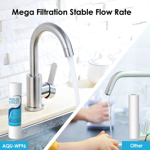 Whole House Sediment Filter 5 Micron Replacement For 10x2.5 Inch Systems Pack Of 6 shown beside a kitchen faucet with water flow