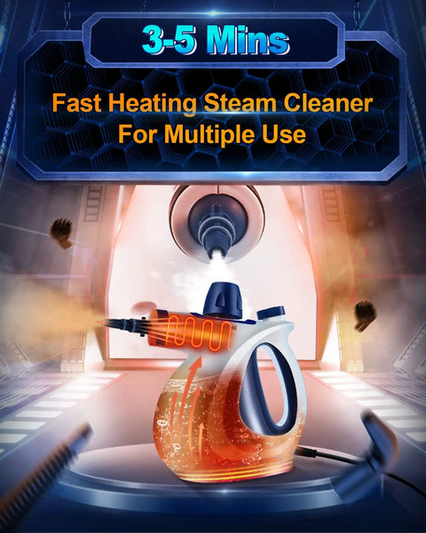 Illustration of Powerful Handheld Pressurized Steam Cleaner With 11-Piece Accessory Kit For Multi-Surface Cleaning features fast heating
