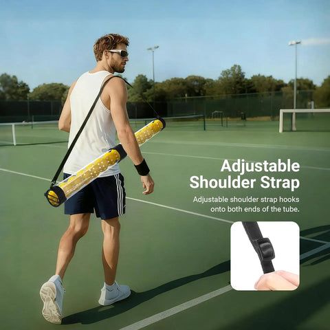 Man carrying No Bending Over Golf Ball Retriever Tool 33 Inch Lightweight Aluminum Picker Upper with Adjustable Strap on tennis court