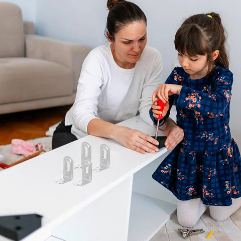 Mother and daughter installing shelf with 10 Pack Iron L Brackets With 90 Degree Rounded Corners For Shelves, Cabinets, And Bookcases