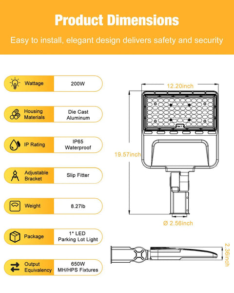 Diagram showing dimensions and features of Ridiculously Bright 200W LED Parking Lot Light 28000 Lumens 5000K Shoebox Style Light IP65 Waterproof.