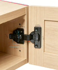 Gun Black Frameless Half Cover Cabinet Hinge 105 Degree Soft Close mounted on wooden cabinet door
