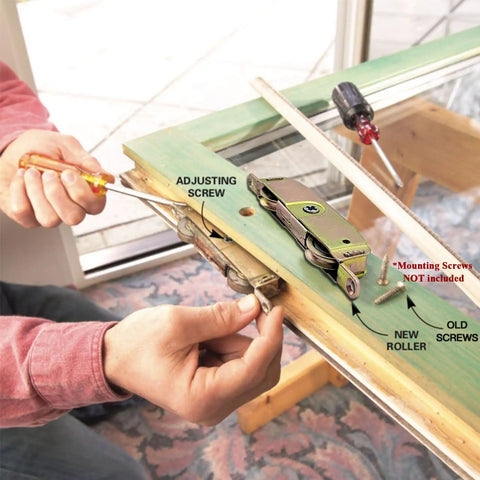 Zero Drama Sliding Patio Door Tandem Roller Assembly Hella Smooth Steel Build With Dope Bottom Roll Action And Quick Snap Mount 2 Pack Heavy Duty Part in use with adjusting screw shown.