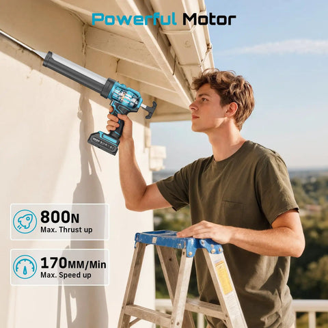 Person using Cordless Caulking Gun 21V Battery Powered With Dual 2.0Ah Batteries LED Light Auto Retract on a ladder
