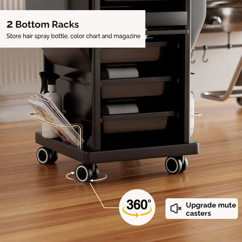 Partial view of Sturdy Salon Trolley With Lock And Six Drawers, Hot Tools Holder, Wheels, Hair Cart Organizer with bottom racks