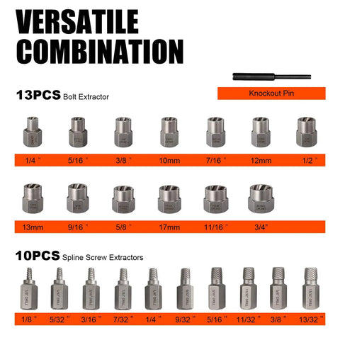 42 Piece Bolt Extractor Kit With Left Hand Cobalt Drill Bits showing 13PCS bolt extractor sizes and knockout pin