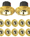2 decorative brass recessed LED ceiling downlights and 10 additional downlights showcasing slick baffle trim.