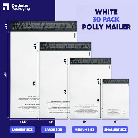 White poly mailers in 30 pack, four sizes displayed with dimensions, featuring 10x13 Heavy Duty Poly Mailers 30 Pack White 3 Mil Waterproof Tear Resistant Self Sealing Shipping Bags For Small Business And Clothing Great For Ecommerce Shipping Clothes And Accessories