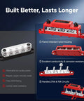 Heavy Duty 275A Power Distribution Bus Bar Featuring Four M8 And Six M4 Terminals For Battery Banks Solar Inverters MPPT Gear And Audio Rigs In Red And Black For No Mess Wiring Setups with detailed views.