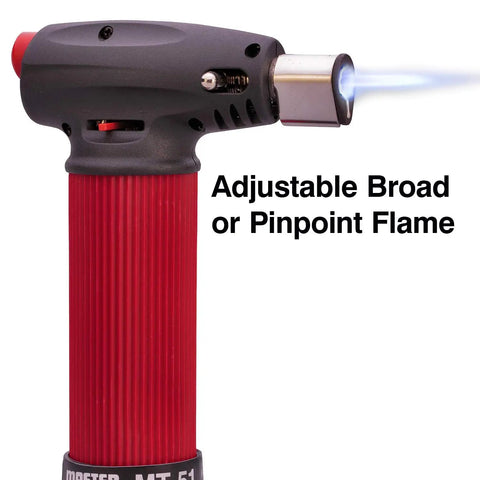 Go To Professional Butane Torch Lighter Handheld Mini Blow Torch adjustable flame in use, red handle, USA family-owned tool MT 51